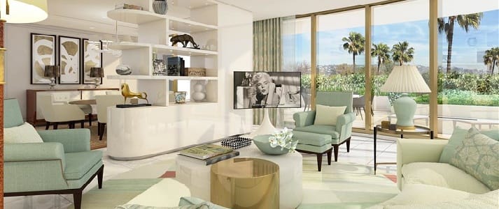 Rendering of guest room in the Waldorf Astoria Beverly Hills 