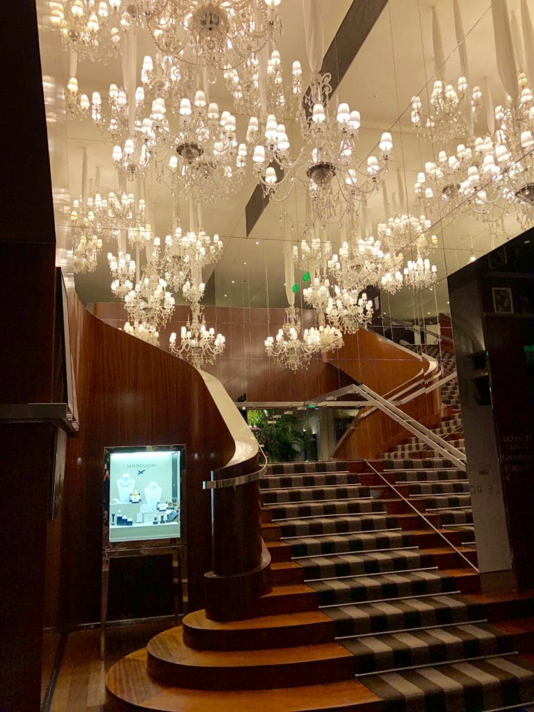 Le Royal Monceau Raffles in Paris, main staircase with crystal chandeliers